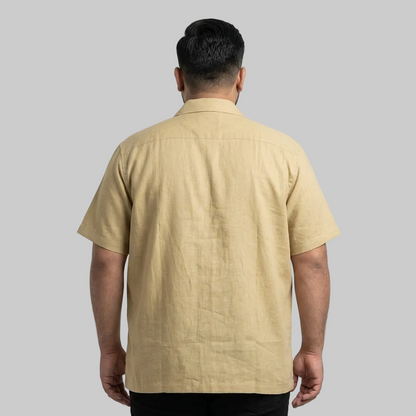 Khaki Beige Irish Linen Cuban Collar Half Sleeve Casual Shirt for Men with Chest Pocket