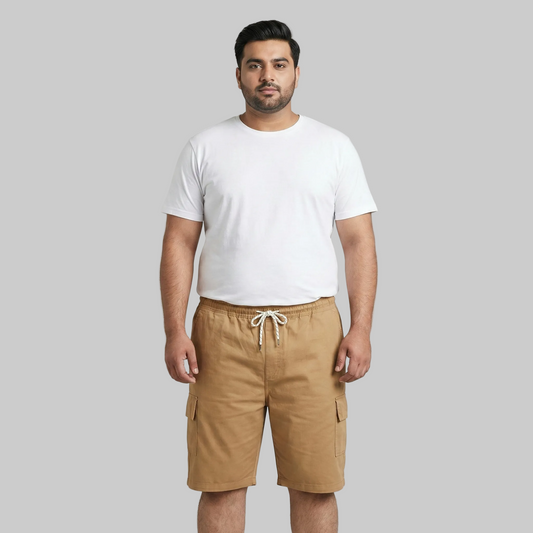 Khaki cotton elastic waist cargo shorts with drawstring and side pockets front view