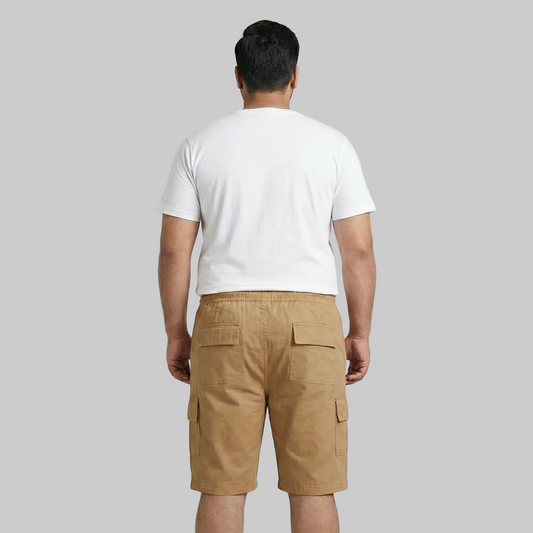 Khaki cotton elastic waist cargo shorts with drawstring and side pockets front view
