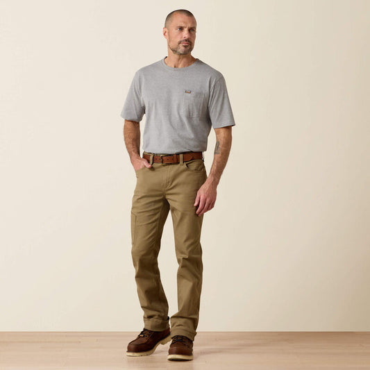 Plus-size male model wearing Khaki DuraStretch Straight Pants, slim seat and thigh, straight leg opening, durable canvas texture, and work-ready utility details.