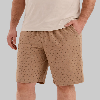 Khaki fleece men shorts in hazelnut color with elastic waistband and side pockets, 18-inch length front view