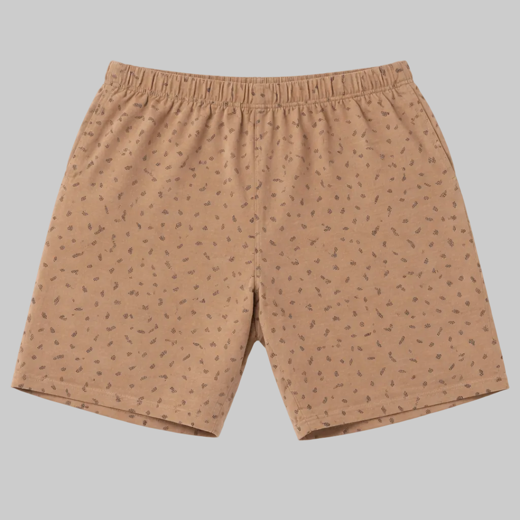 Khaki fleece men shorts in hazelnut color with elastic waistband and side pockets, 18-inch length front view