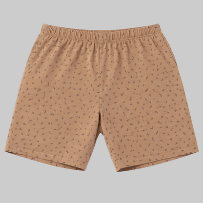 Khaki fleece men shorts in hazelnut color with elastic waistband and side pockets, 18-inch length front view