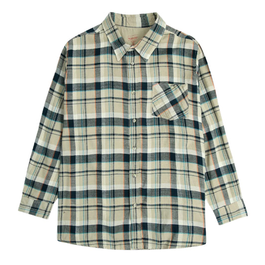 Khaki plaid flannel shirt with horn buttons, chest pocket, and button-down collar — made from soft brushed cotton.