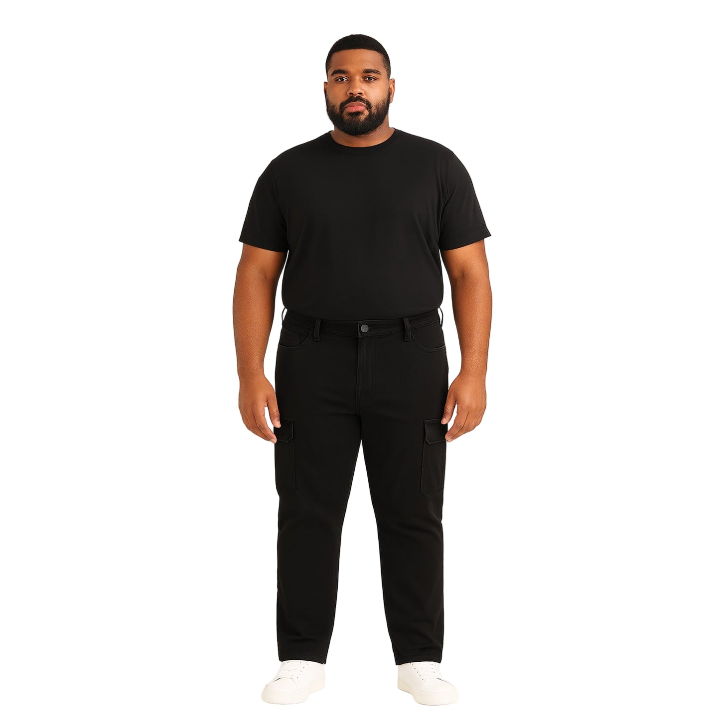Folded flat lay of King Black Cargo Regular Stretch Jeans with tags