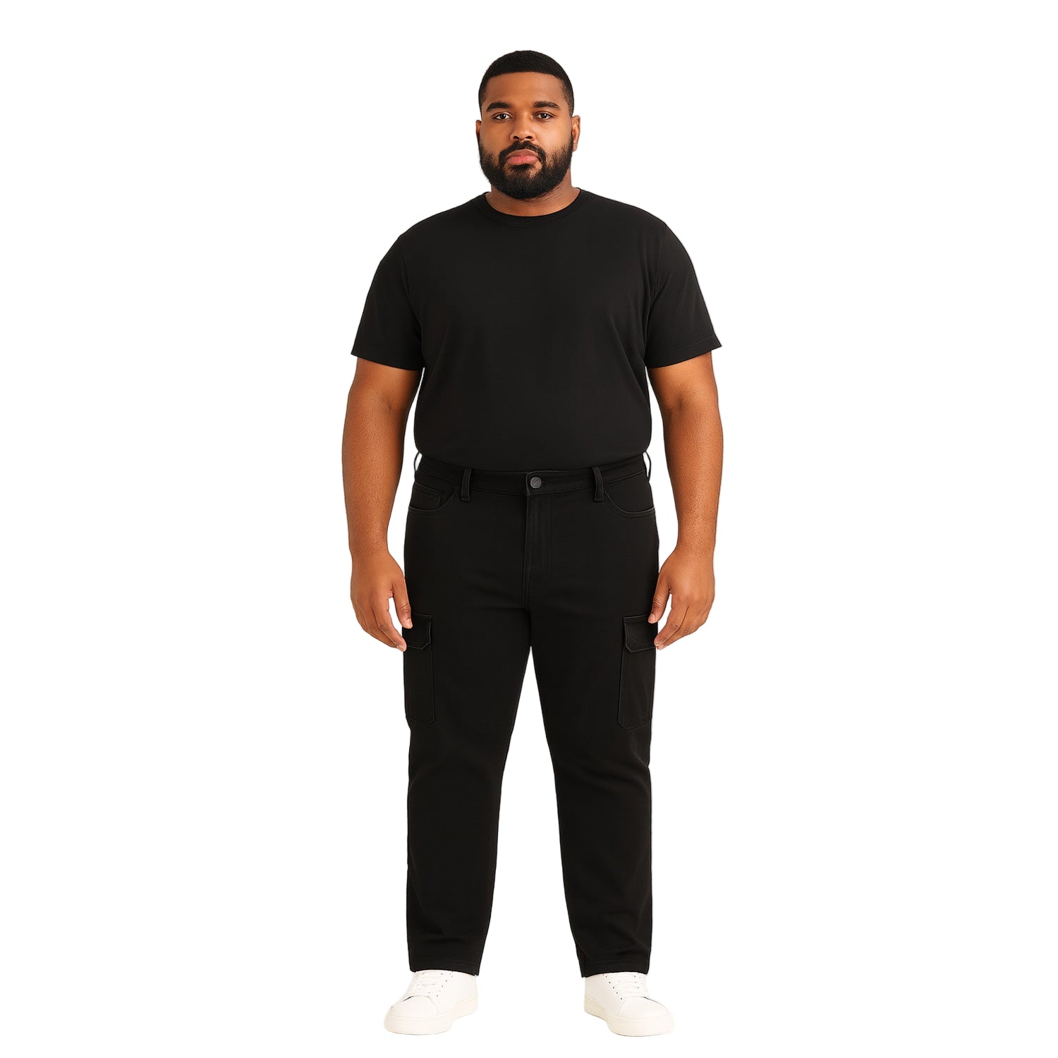 Folded flat lay of King Black Cargo Regular Stretch Jeans with tags
