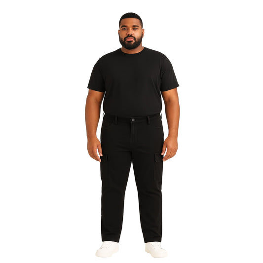 Folded flat lay of King Black Cargo Regular Stretch Jeans with tags
