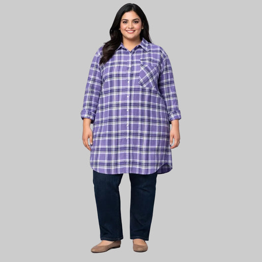 Plus size lavender plaid cotton flannel tunic shirt with button front and pocket
