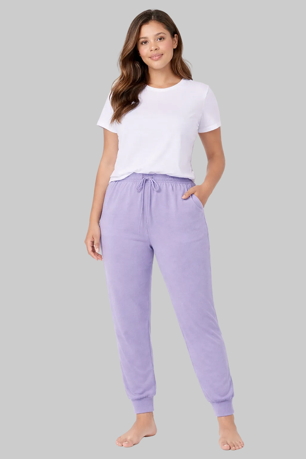 Women’s lavender cloud jersey jogger pajama pants with elastic waistband, drawstring and ribbed ankle cuffs laid flat on a white background.