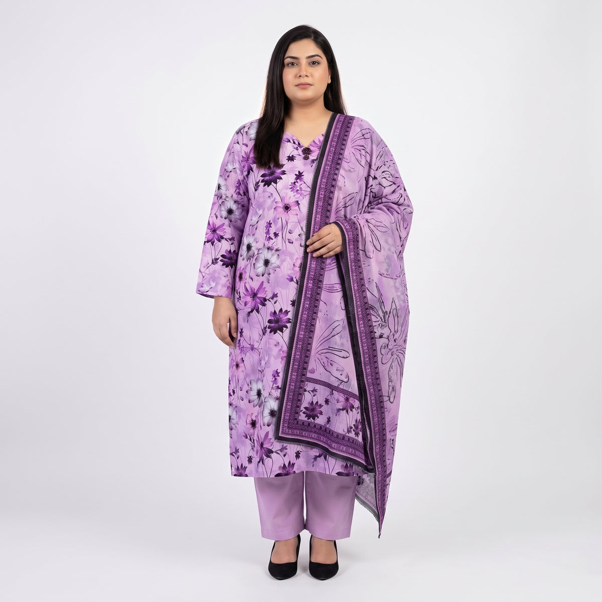 Lavender floral printed linen 3-piece suit for women