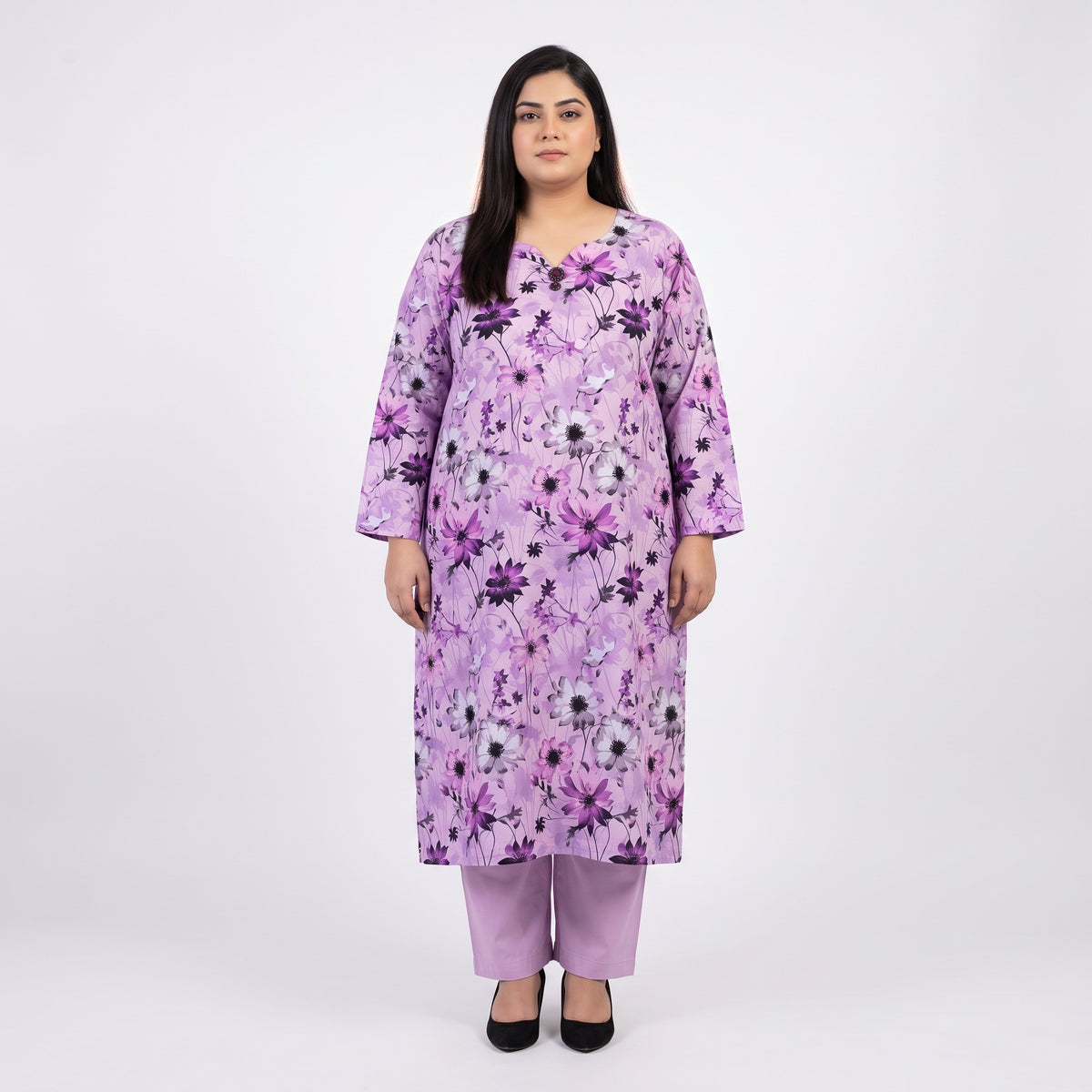 Lavender floral printed linen 3-piece suit for women 