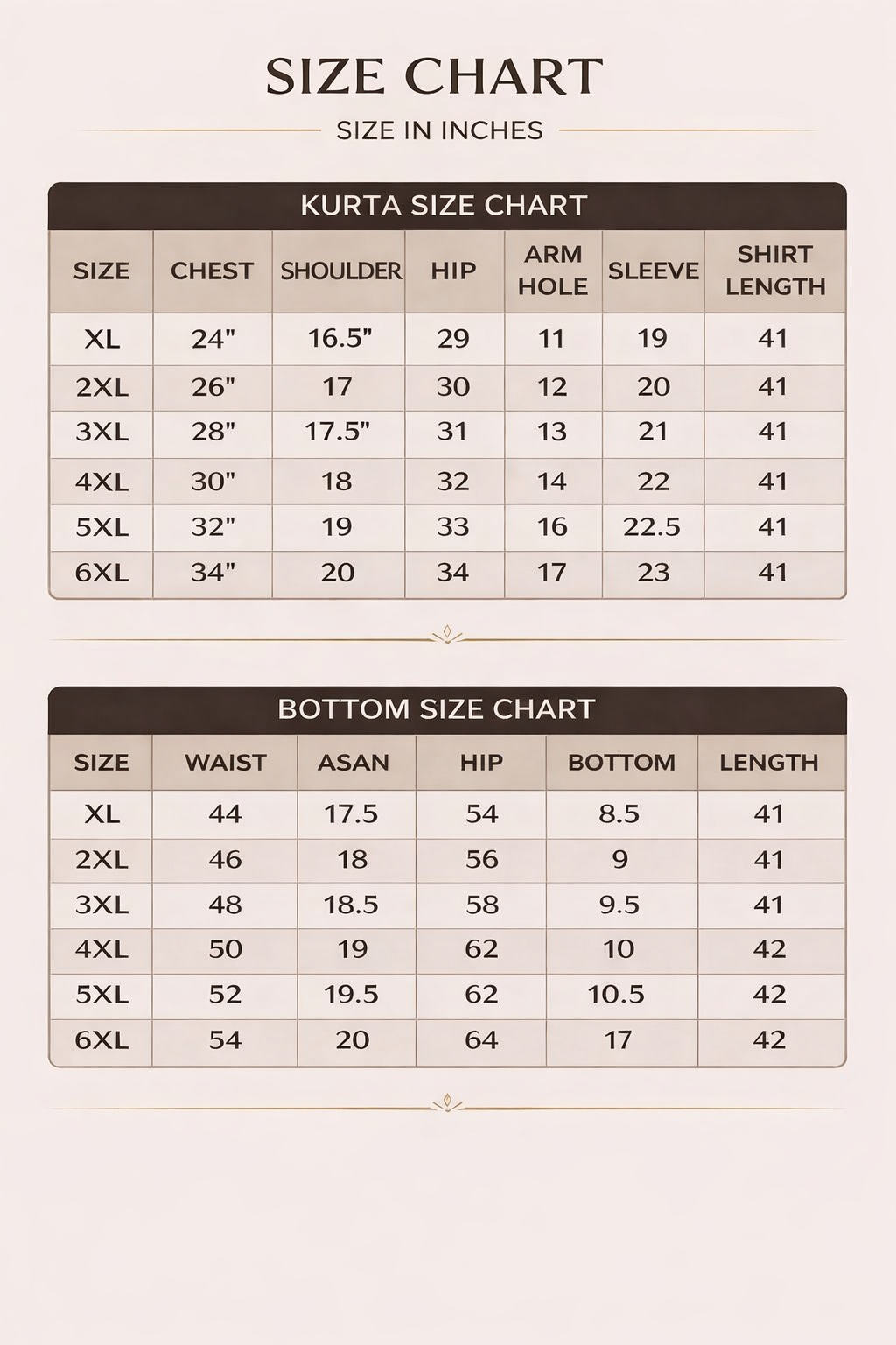 Size chart for Mulberry Bloom 3-Piece Printed Lawn Suit PSW-11176
