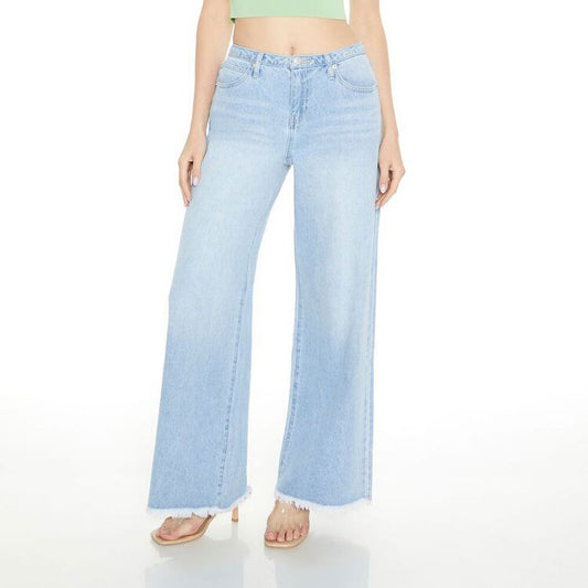 Light Blue Denim Frayed Low-Rise Wide-Leg Jeans PSW-8789