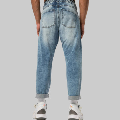 Light blue straight leg denim jeans with elasticated waist, stretch fabric, side and back pockets, and a relaxed everyday fit.