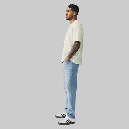 Light blue denim stretch jeans with classic 5 pocket design and comfortable fit