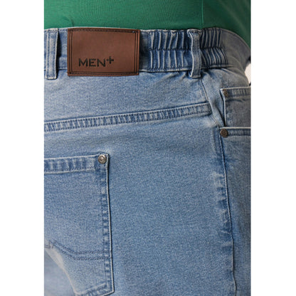 Light denim straight leg jeans with cotton stretch fabric, normal rise, concealed fly, and side and back pockets.