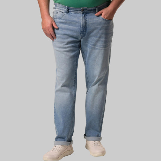Light denim straight leg jeans with cotton stretch fabric, normal rise, concealed fly, and side and back pockets.