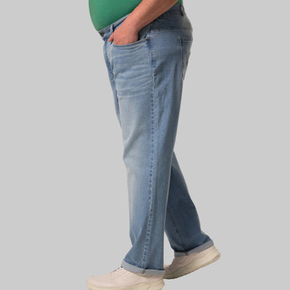 Light denim straight leg jeans with cotton stretch fabric, normal rise, concealed fly, and side and back pockets.