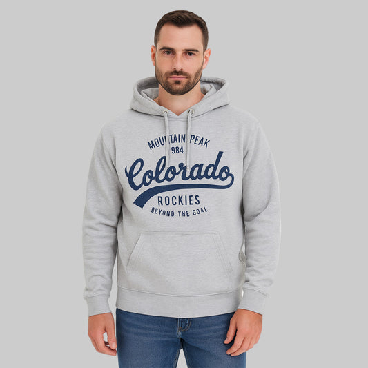 Light grey “Colorado Rockies” printed men’s hoodie with drawstring hood, kangaroo pocket, and ribbed cuffs — soft cotton-blend casual wear.