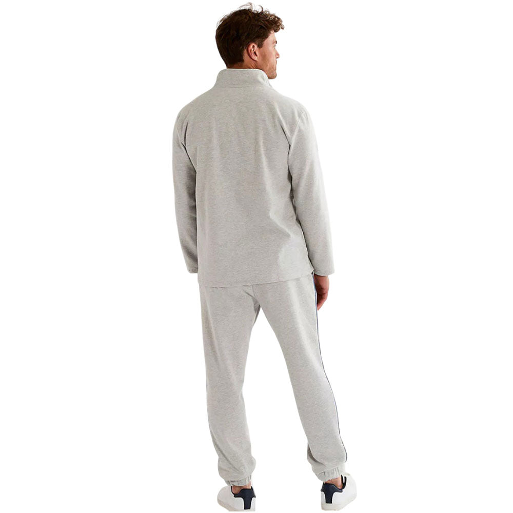 Light grey men's fleece tracksuit with half-zip collar, blue contrast details, and jogger-style bottoms.