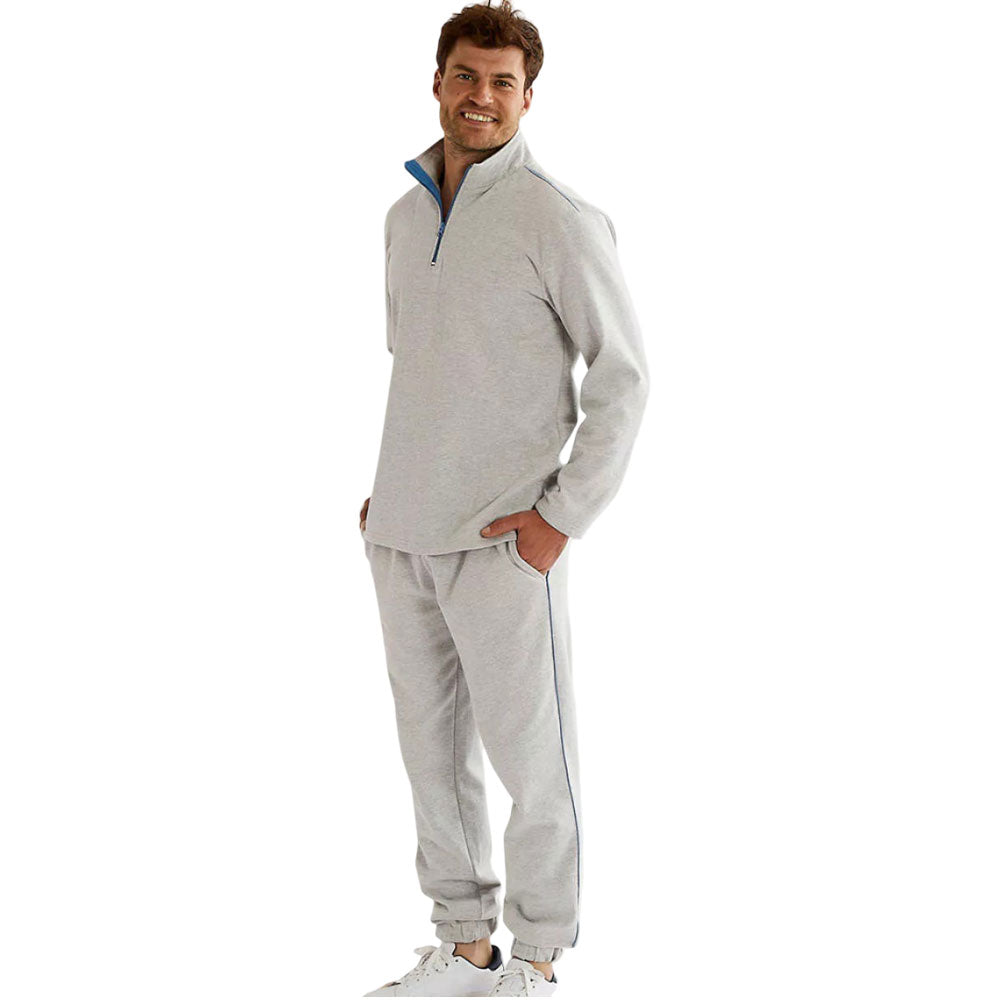 Light grey men's fleece tracksuit with half-zip collar, blue contrast details, and jogger-style bottoms.