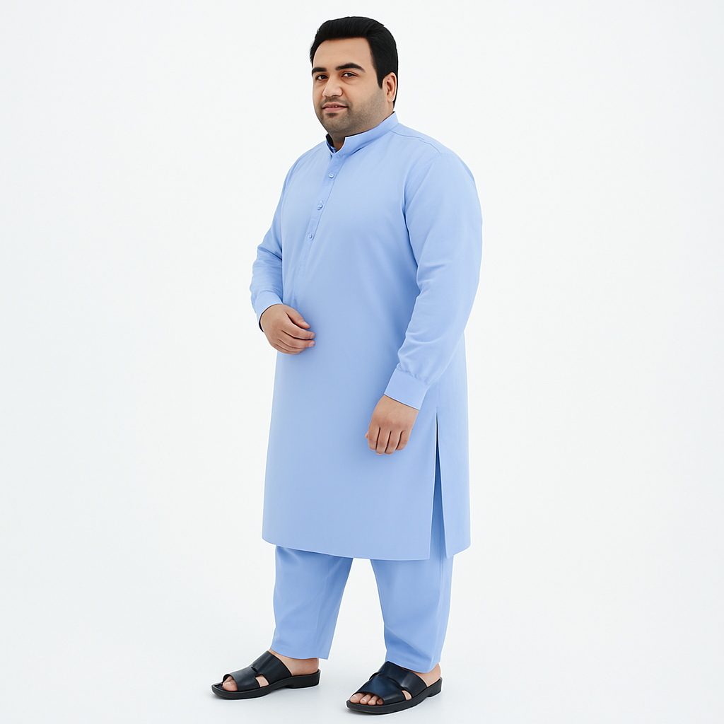 Plus-size man wearing sky blue wash & wear kurta pajama – PlusSize.pk