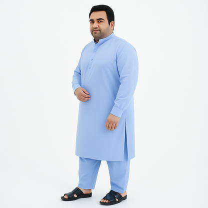 Plus-size man wearing sky blue wash & wear kurta pajama – PlusSize.pk