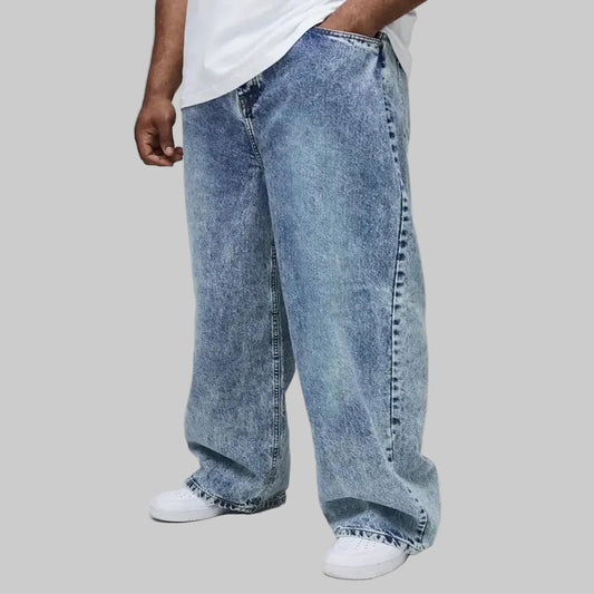 Light blue wash wide-leg denim jeans for men with relaxed fit and vintage washed finish.