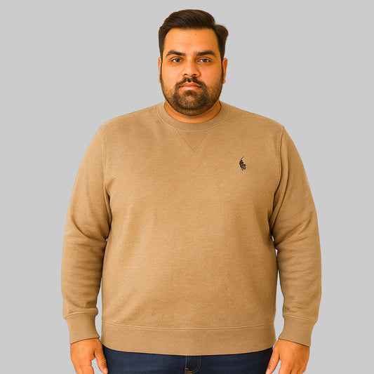 Light Brown Fleece Crewneck Sweatshirt for men with ribbed cuffs and hem — soft cotton-blend casual pullover.