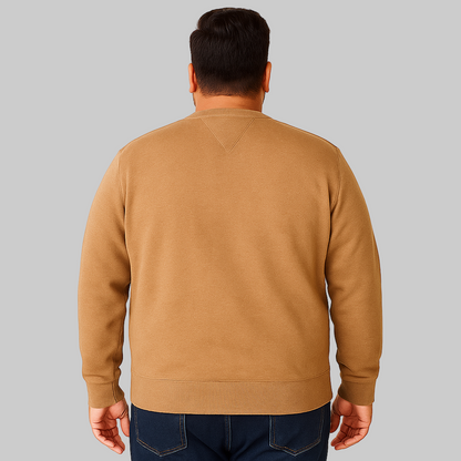 Light Brown Fleece Crewneck Sweatshirt for men with ribbed cuffs and hem — soft cotton-blend casual pullover.