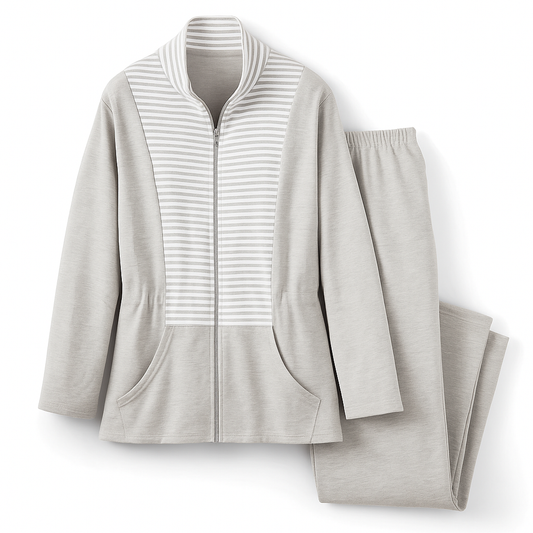 Light grey plus size women’s lounge set with striped zip-up top and matching pants, no drawstring