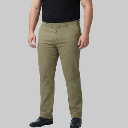Light olive green cotton pants with classic pocket design and straight-leg fit