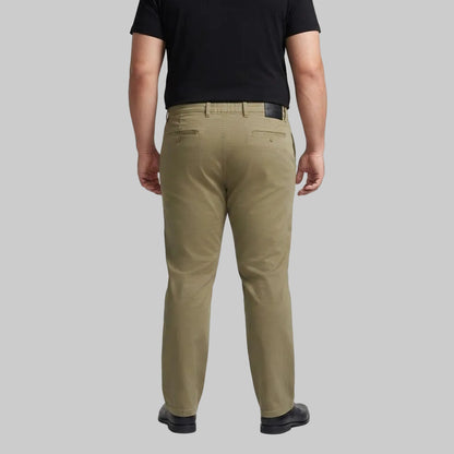 Light olive green cotton pants with classic pocket design and straight-leg fit