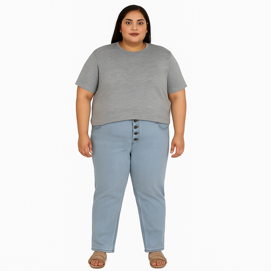 Light Wash Plus Size Woman Button Fly Slim Jeans PSW-6100