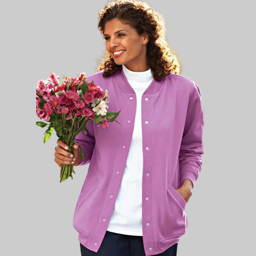 Lilac fleece cardigan sweater with a relaxed fit and soft fabric shown on a plain background.