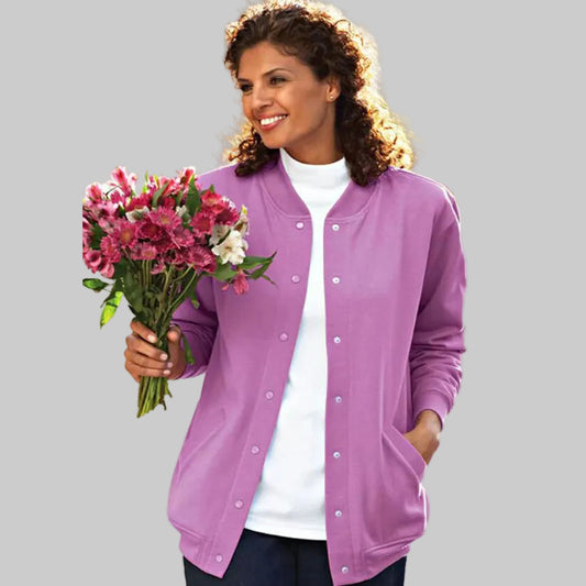 Lilac fleece cardigan sweater with a relaxed fit and soft fabric shown on a plain background.