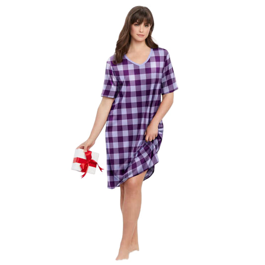 Lilac Grape Check Short Print Sleepshirt with purple checkered pattern, ribbed V-neck, short sleeves, and A-line silhouette – women’s 40-inch cotton sleepwear.