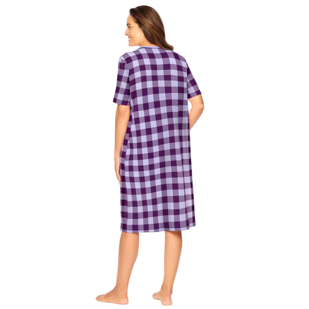 Lilac Grape Check Short Print Sleepshirt with purple checkered pattern, ribbed V-neck, short sleeves, and A-line silhouette – women’s 40-inch cotton sleepwear.