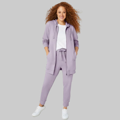 Lilac Smoke French Terry Sweatpants with elastic waistband, drawstring, and ribbed cuffs — soft ankle-length plus size joggers for women