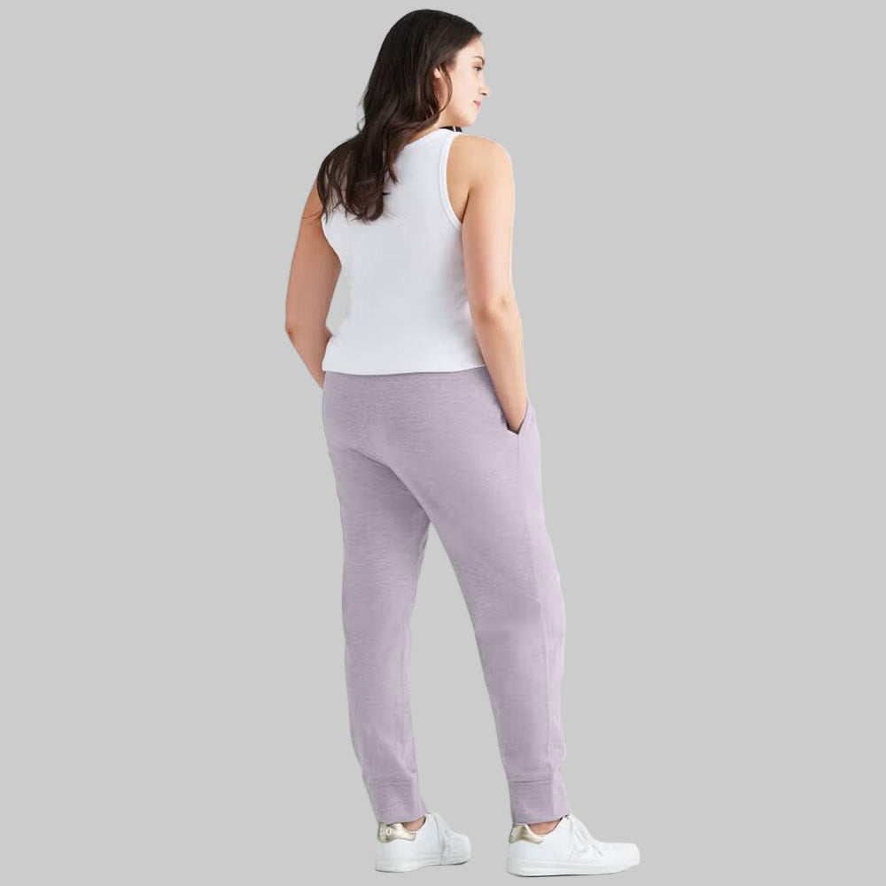 Lilac Smoke French Terry Sweatpants with elastic waistband, drawstring, and ribbed cuffs — soft ankle-length plus size joggers for women