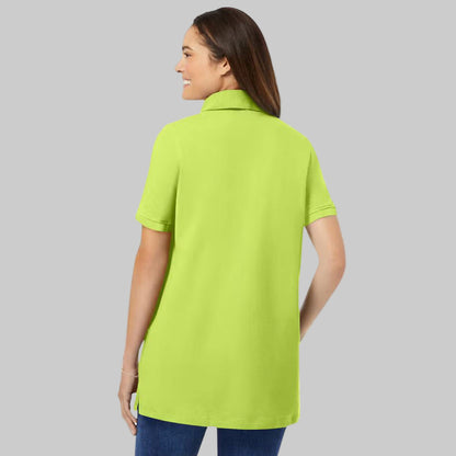 Lime green plus-size short-sleeve polo shirt with classic collar, relaxed fit, and 28-inch length made from soft, breathable cotton fabric.