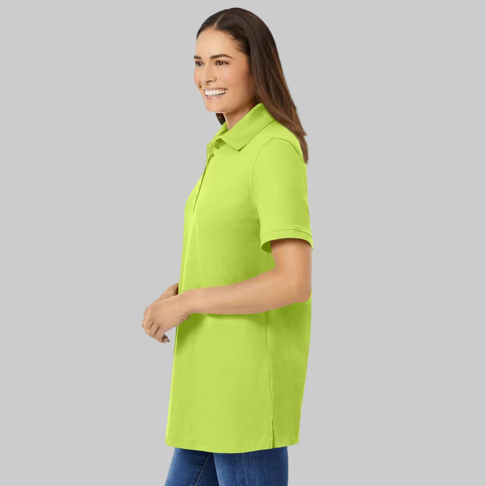 Lime green plus-size short-sleeve polo shirt with classic collar, relaxed fit, and 28-inch length made from soft, breathable cotton fabric.