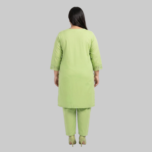 Lime Blossom cotton lawn lace trim co-ord set for women in breathable 100% cotton lawn fabric with an elegant two-piece summer outfit. 