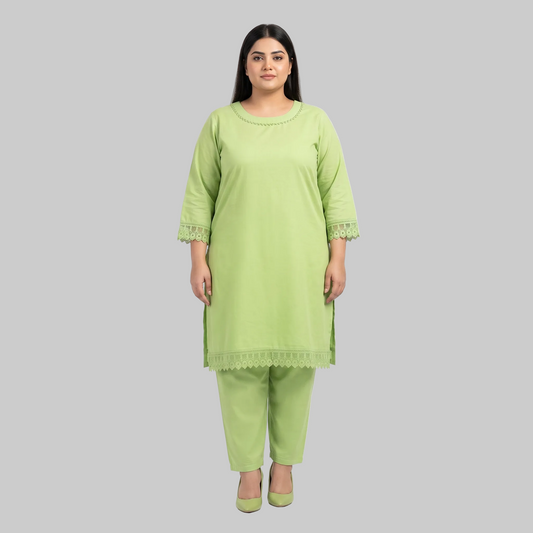 Lime Blossom cotton lawn lace trim co-ord set for women in breathable 100% cotton lawn fabric with an elegant two-piece summer outfit.