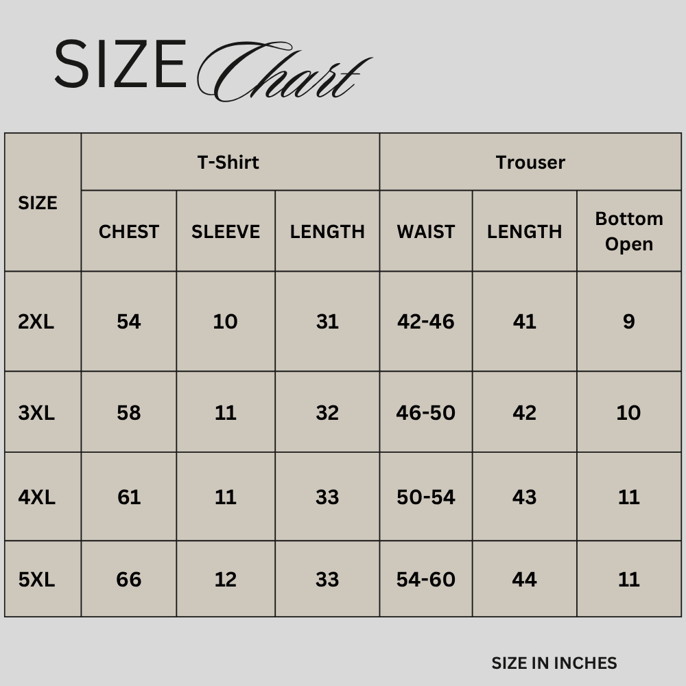 Size chart for Dark Brown Irish Linen Cuban Collar Co-Ord Set PSM-11716