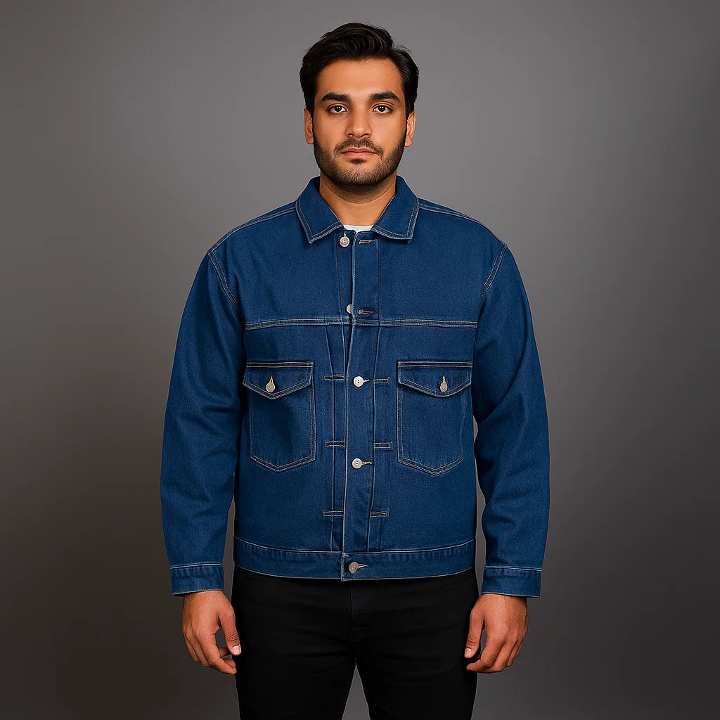 Man wearing a classic indigo button-up denim jacket with flap chest pockets and straight fit

