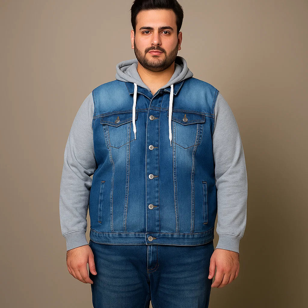Plus-size man wearing denim jacket with grey fleece sleeves and attached hood