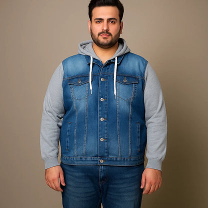 Plus-size man wearing denim jacket with grey fleece sleeves and attached hood