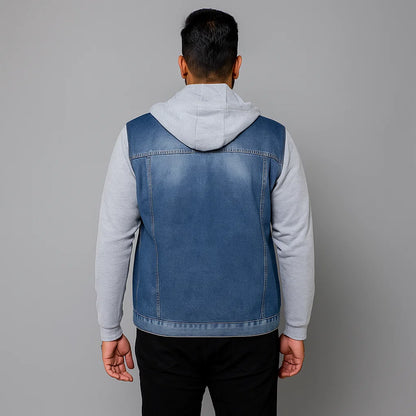 Plus-size man wearing denim jacket with grey fleece sleeves and attached hood