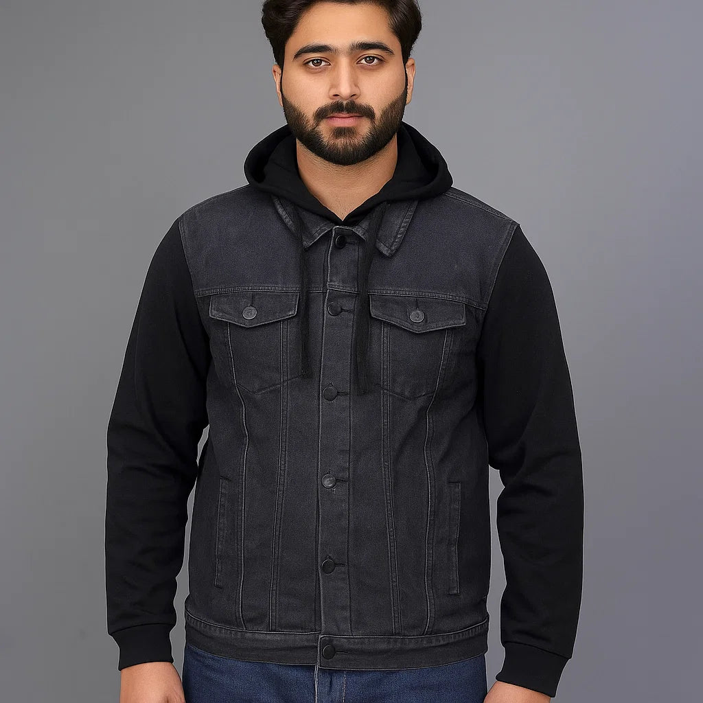 Man wearing a black denim hoodie jacket with button closure and fleece sleeves